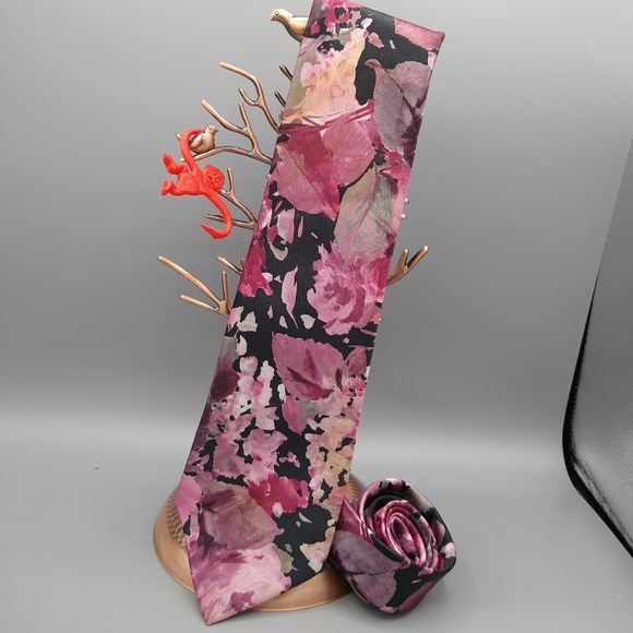 Ketch Other - Ketch Watercolor Floral Black Pink Necktie Vtg 90s
